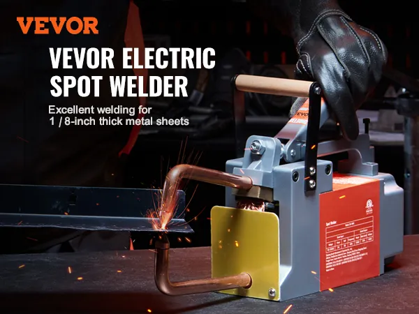 VEVOR spot welder for 1/8-inch metal sheets, showcasing sparks and precision welding on workbench.