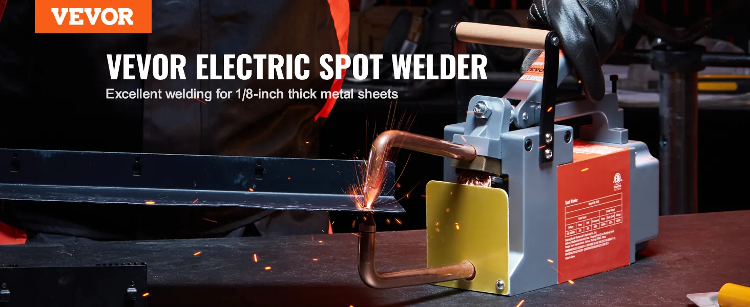 VEVOR spot welder for 1/8-inch metal sheets, showcasing sparks and precision welding on workbench.