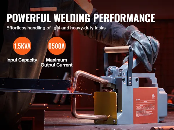 VEVOR spot welder with 1.5kva capacity and 6500a output, showcasing powerful welding performance.