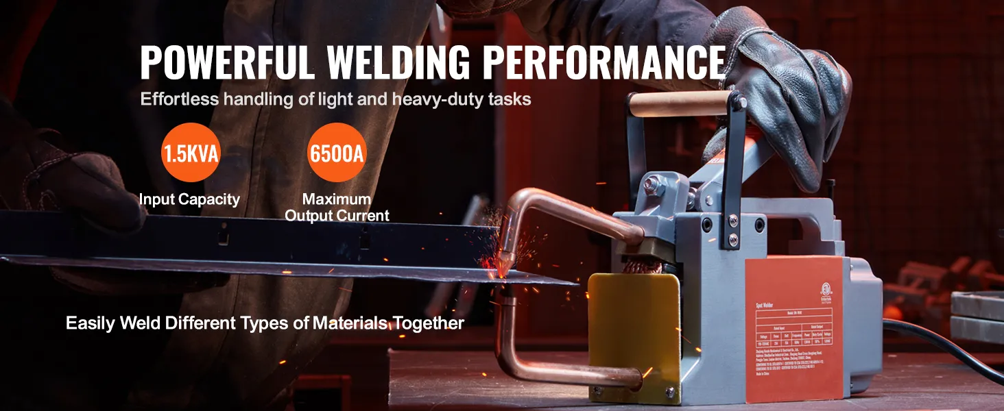 VEVOR spot welder with 1.5kva capacity and 6500a output, showcasing powerful welding performance.