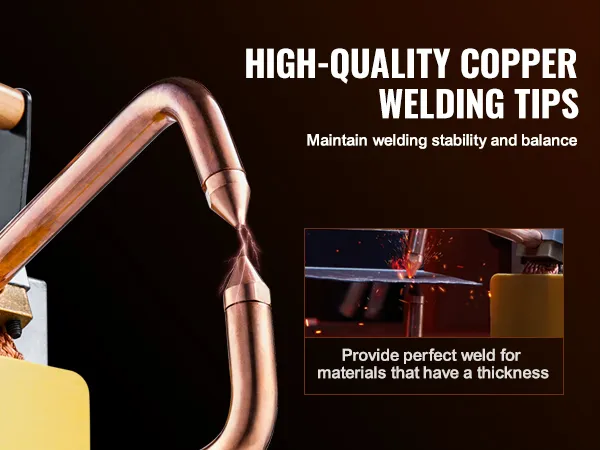 VEVOR spot welder with high-quality copper welding tips, wear and corrosion resistant.