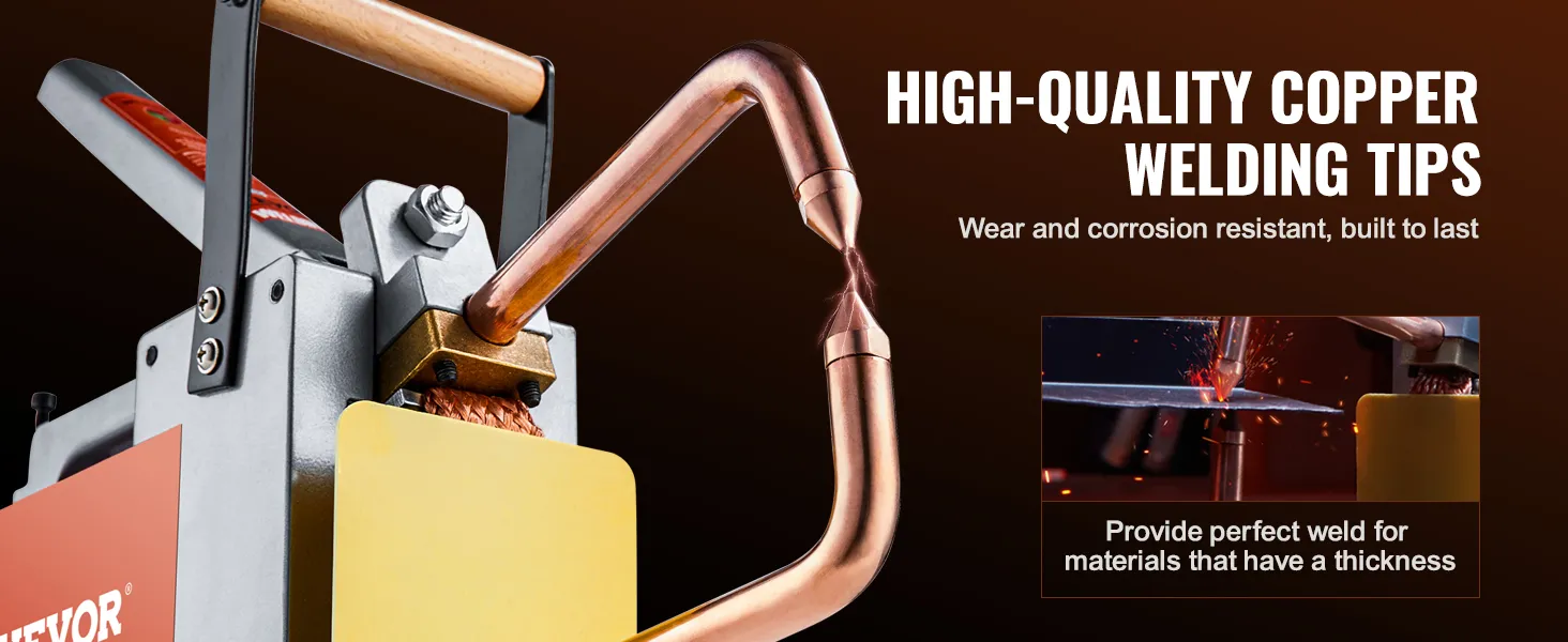 VEVOR spot welder with high-quality copper welding tips, wear and corrosion resistant.
