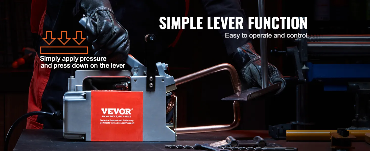worker using VEVOR spot welder with simple lever function for easy control and operation.