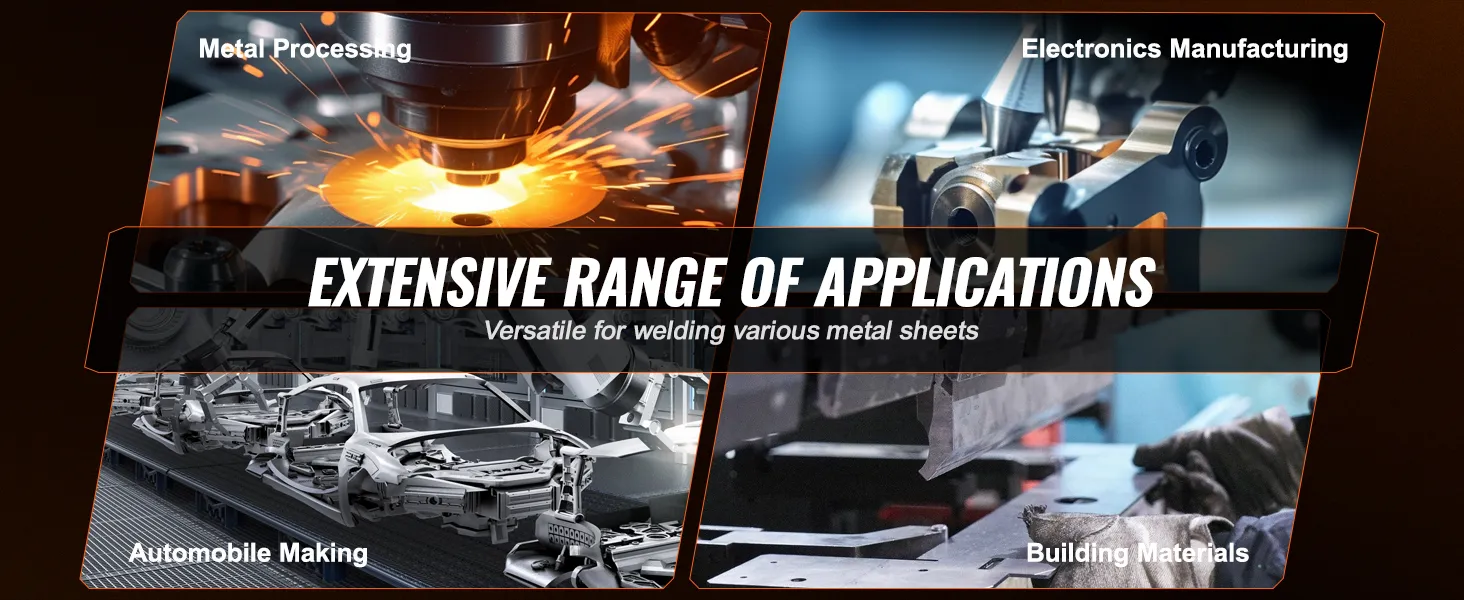 VEVOR spot welder: metal processing, electronics manufacturing, automobile making, and building materials.
