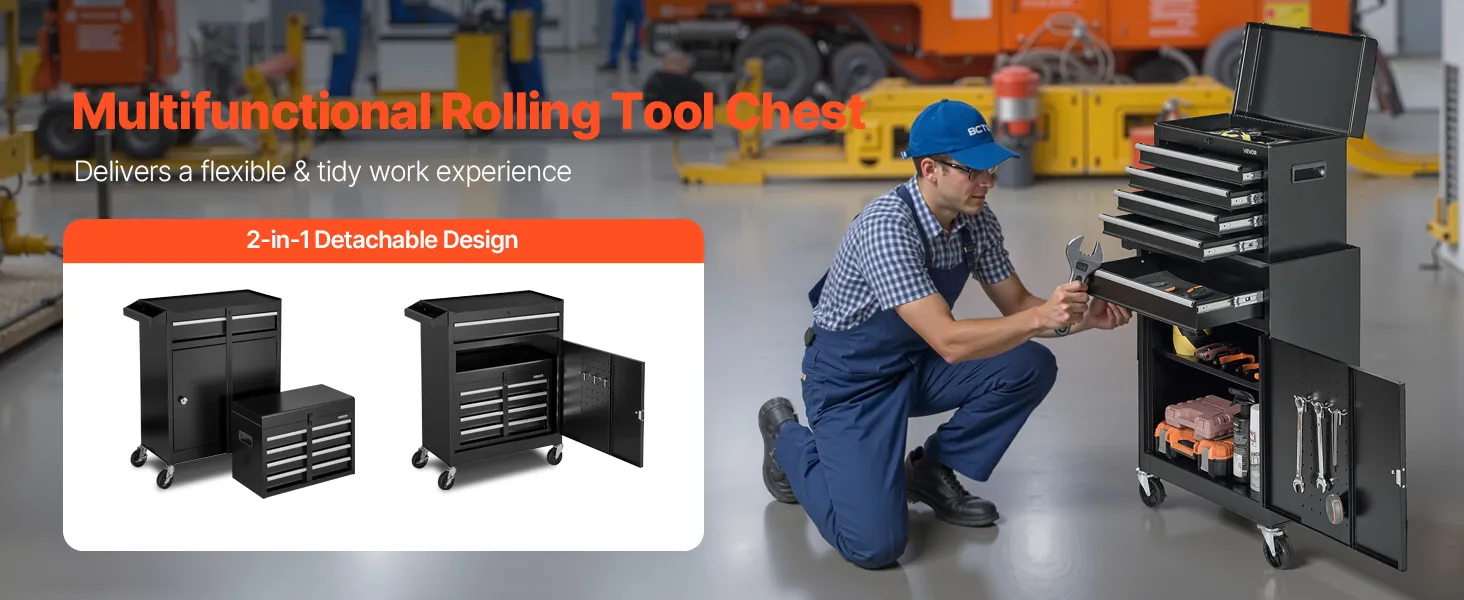 VEVOR Rolling Tool Chest, 2-in-1 Design, 5 Drawers Tool Cabinet Organizer with Detachable Top Metal Toolbox, Lock Bar, Protective Liner, and Tools Rack, Garage Storage Cabinet for Warehouse, Workshop