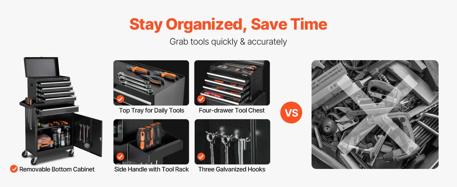 VEVOR Rolling Tool Chest, 2-in-1 Design, 5 Drawers Tool Cabinet Organizer with Detachable Top Metal Toolbox, Lock Bar, Protective Liner, and Tools Rack, Garage Storage Cabinet for Warehouse, Workshop