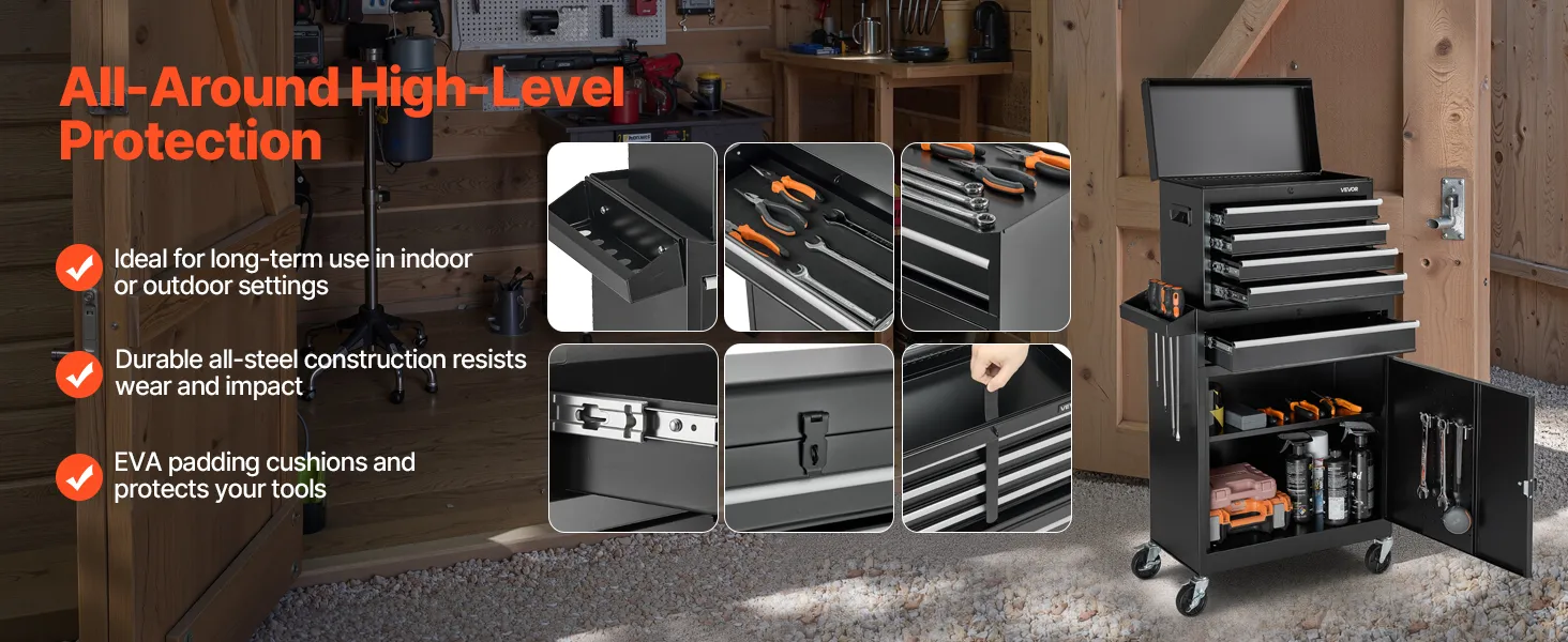 VEVOR Rolling Tool Chest, 2-in-1 Design, 5 Drawers Tool Cabinet Organizer with Detachable Top Metal Toolbox, Lock Bar, Protective Liner, and Tools Rack, Garage Storage Cabinet for Warehouse, Workshop