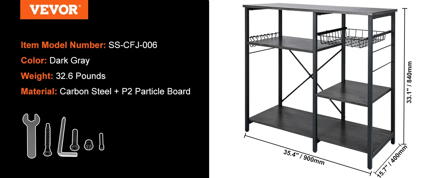 Estantería de cocina VEVOR en gris oscuro con estantes y organizador de cestas, modelo ss-cfj-006, 35,4" x 15,7" x 33,1".