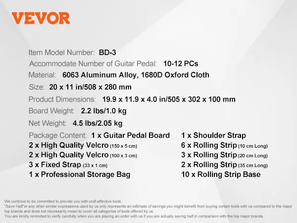 VEVOR guitar pedal board bd-3 with accessories, dimensions, material, and capacity details.
