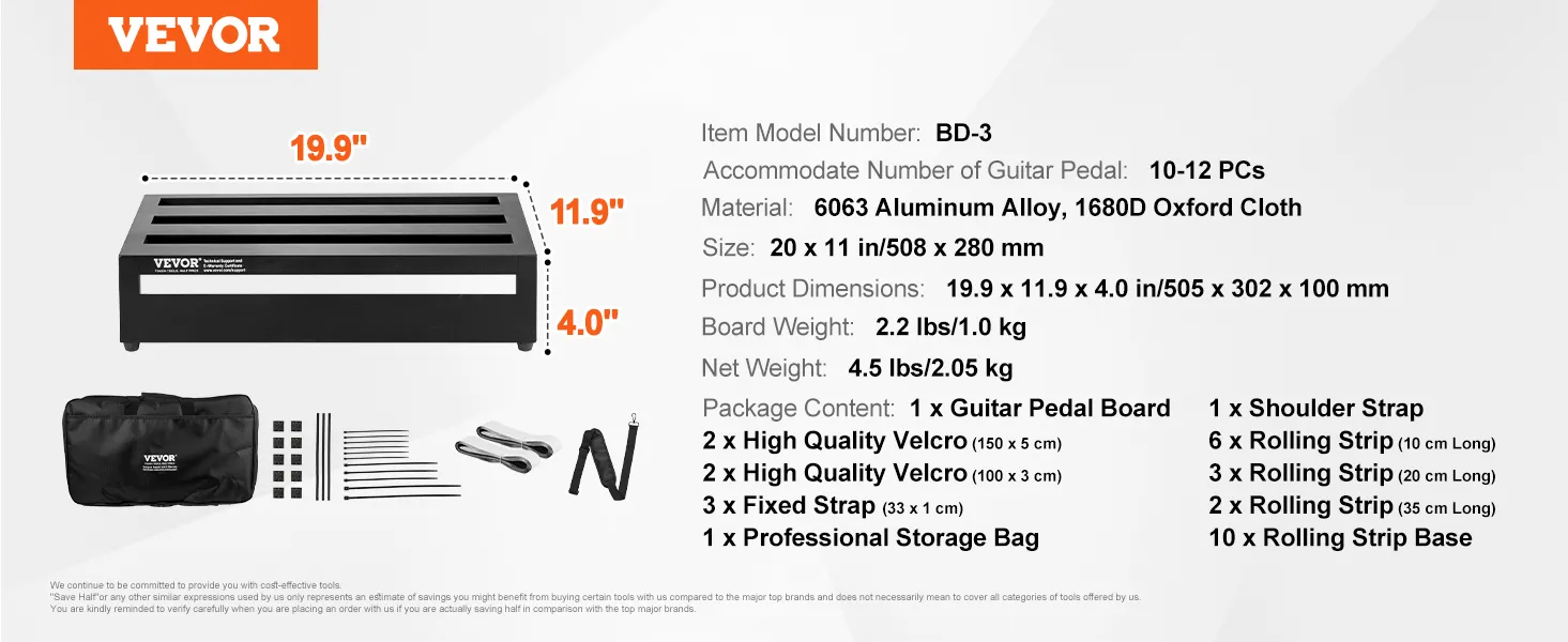VEVOR guitar pedal board bd-3 with accessories, dimensions, material, and capacity details.