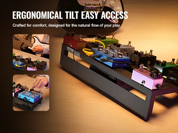 VEVOR guitar pedal board with colorful pedals, ergonomic tilt, and easy access for smooth play.