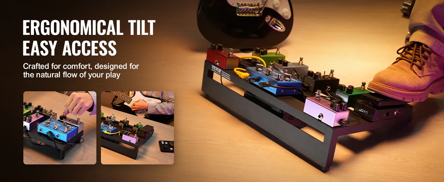 VEVOR guitar pedal board with colorful pedals, ergonomic tilt, and easy access for smooth play.