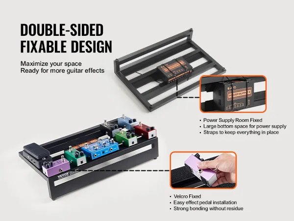VEVOR guitar pedal board with double-sided design, velcro fixed for easy installation, and secure power supply.