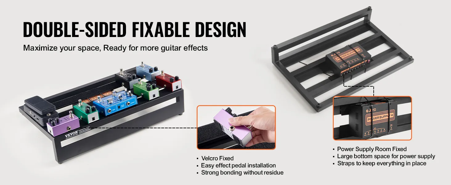 VEVOR guitar pedal board with double-sided design, velcro fixed for easy installation, and secure power supply.