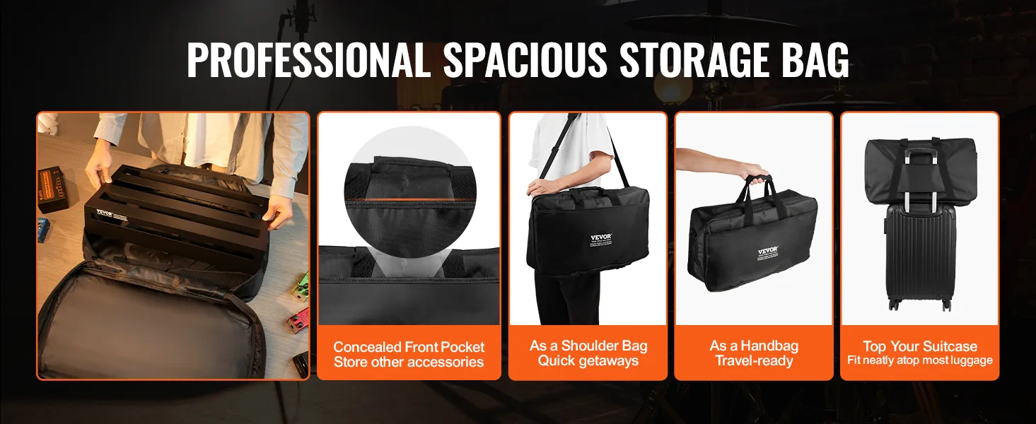professional and spacious storage bag showcasing VEVOR guitar pedal board, versatile and travel-friendly.