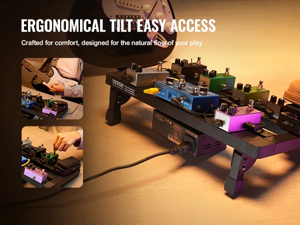 ergonomic VEVOR guitar pedal board with quick-fold legs, showcasing easy access and portability features.