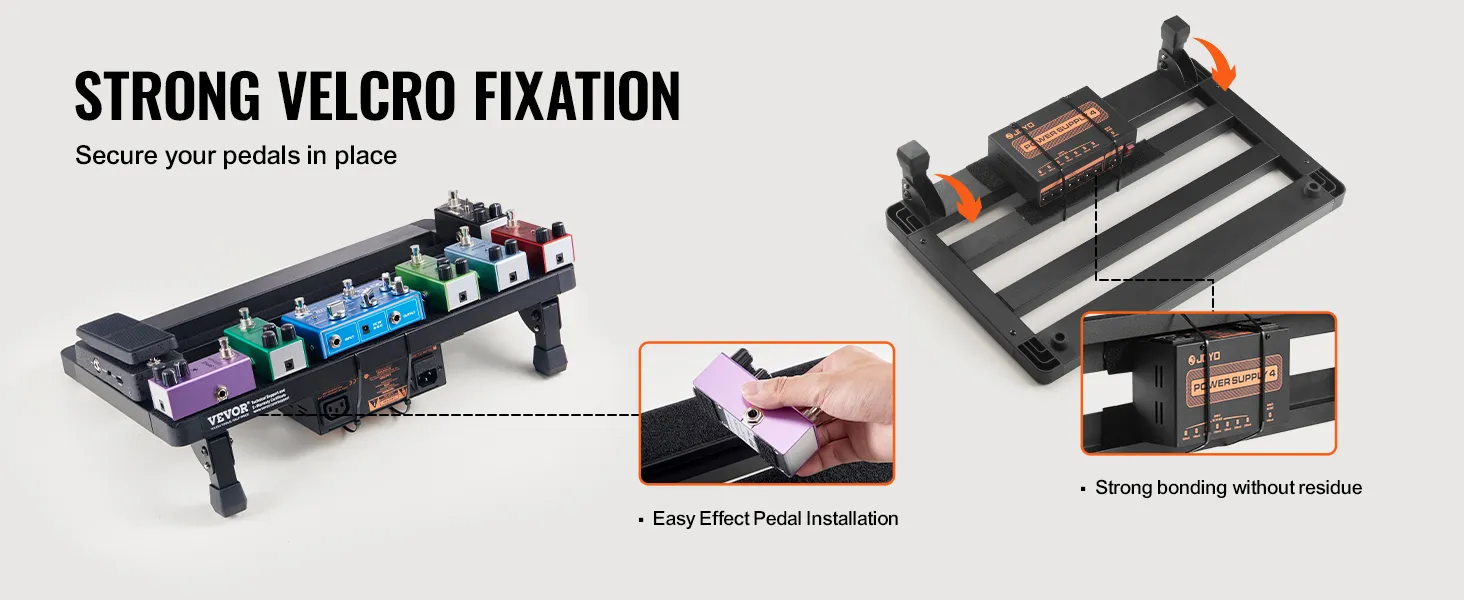 VEVOR guitar pedal board with strong velcro fixation, easy effect pedal installation, and residue-free bonding.