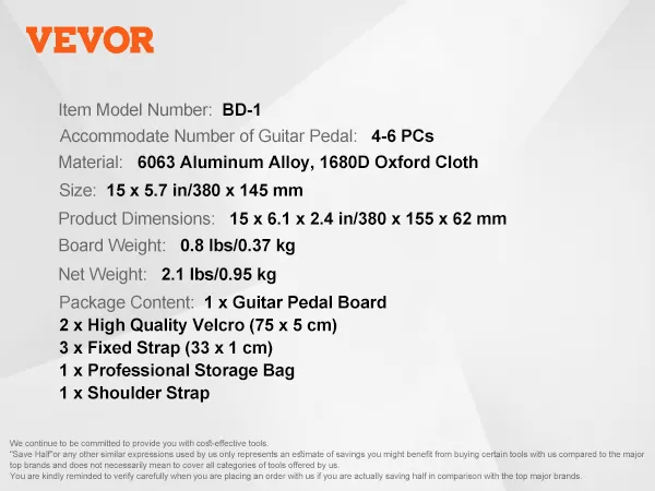 VEVOR guitar pedal board with dimensions, weight, package contents, and included accessories.