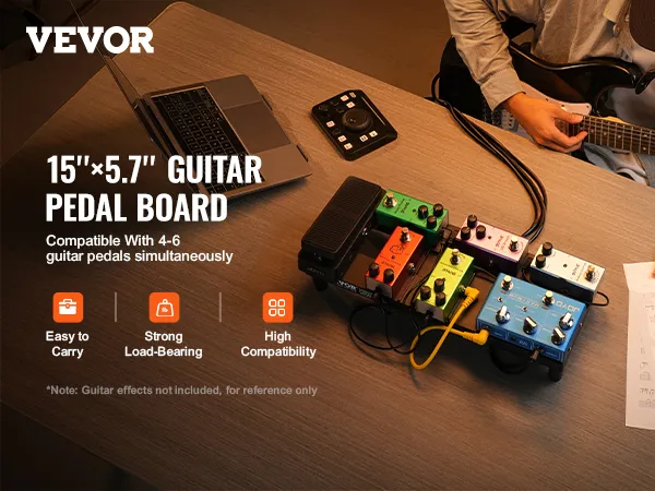 VEVOR guitar pedal board compatible with 4-6 pedals, shown with laptop and guitar. easy to carry.