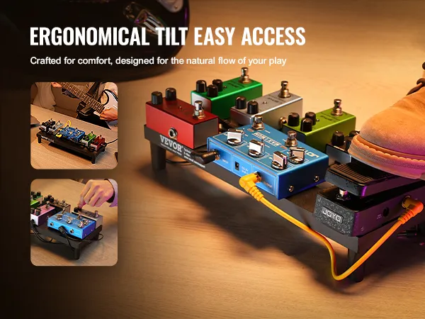 ergonomical VEVOR guitar pedal board ensures easy access, showcasing comfort and natural play flow.