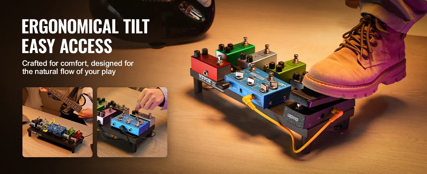 ergonomical VEVOR guitar pedal board ensures easy access, showcasing comfort and natural play flow.