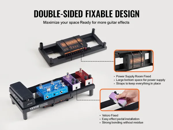 double-sided, fixable VEVOR guitar pedal board with velcro and power supply room for easy pedal installation.