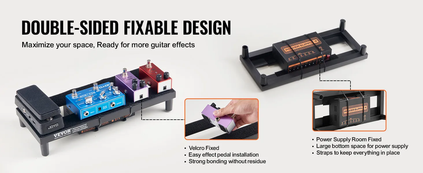 double-sided, fixable VEVOR guitar pedal board with velcro and power supply room for easy pedal installation.