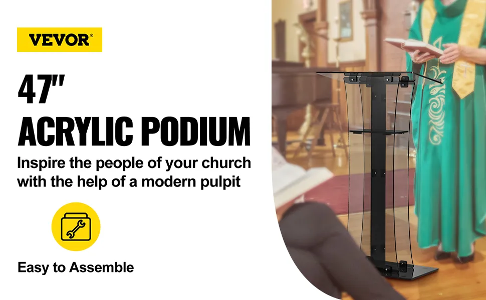 VEVOR acrylic pulpit in a church setting, advertising a 47" easy-to-assemble modern podium.