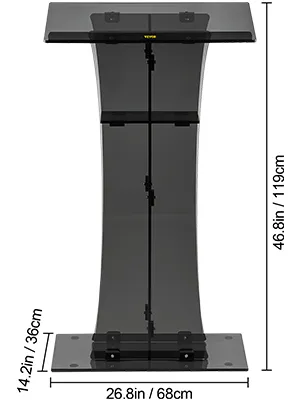 VEVOR acrylic pulpit with clear, curved design and dimensions of 46.8in high, 26.8in wide, and 14.2in deep.