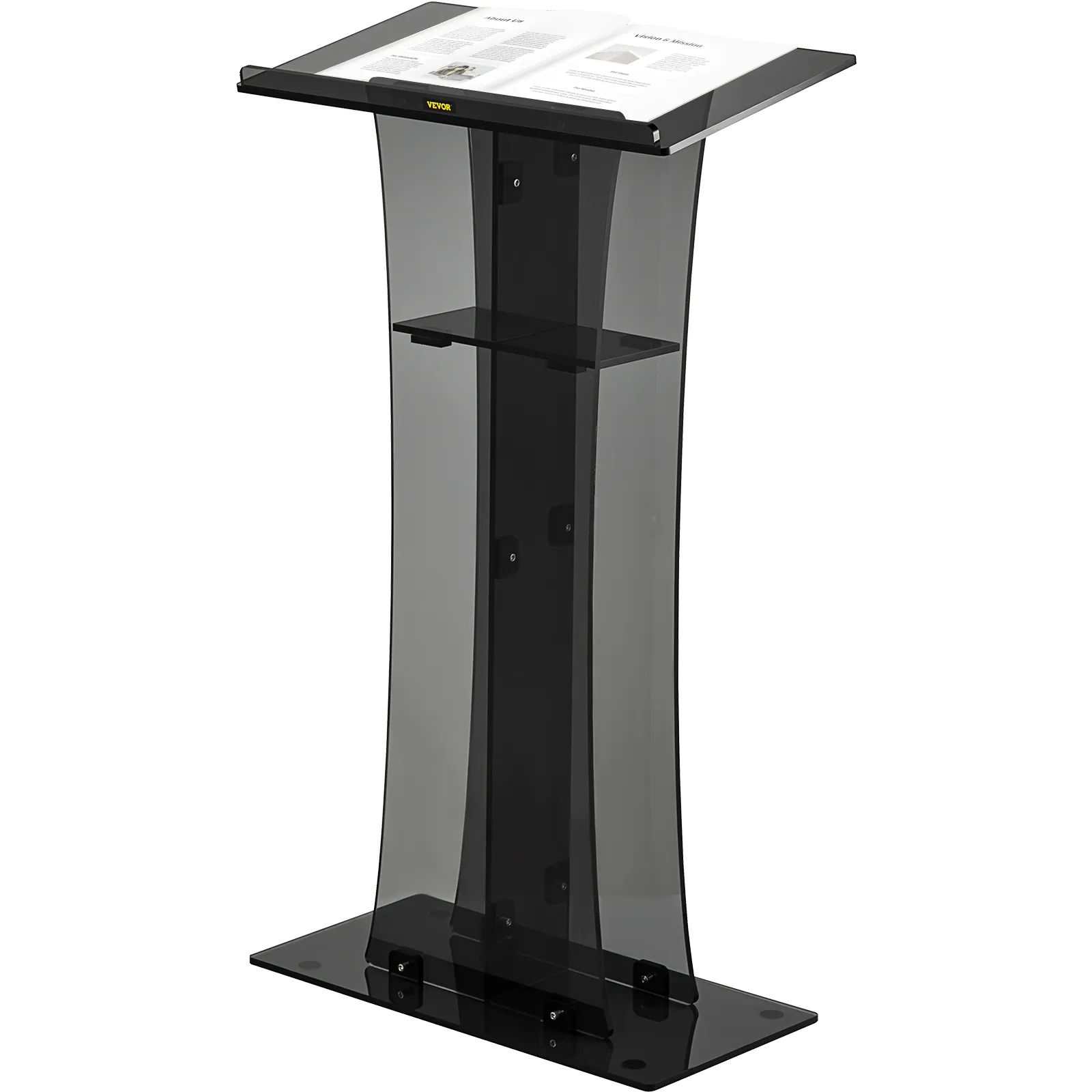 black VEVOR acrylic pulpit with open books on top and storage shelf, featuring a modern curved design.