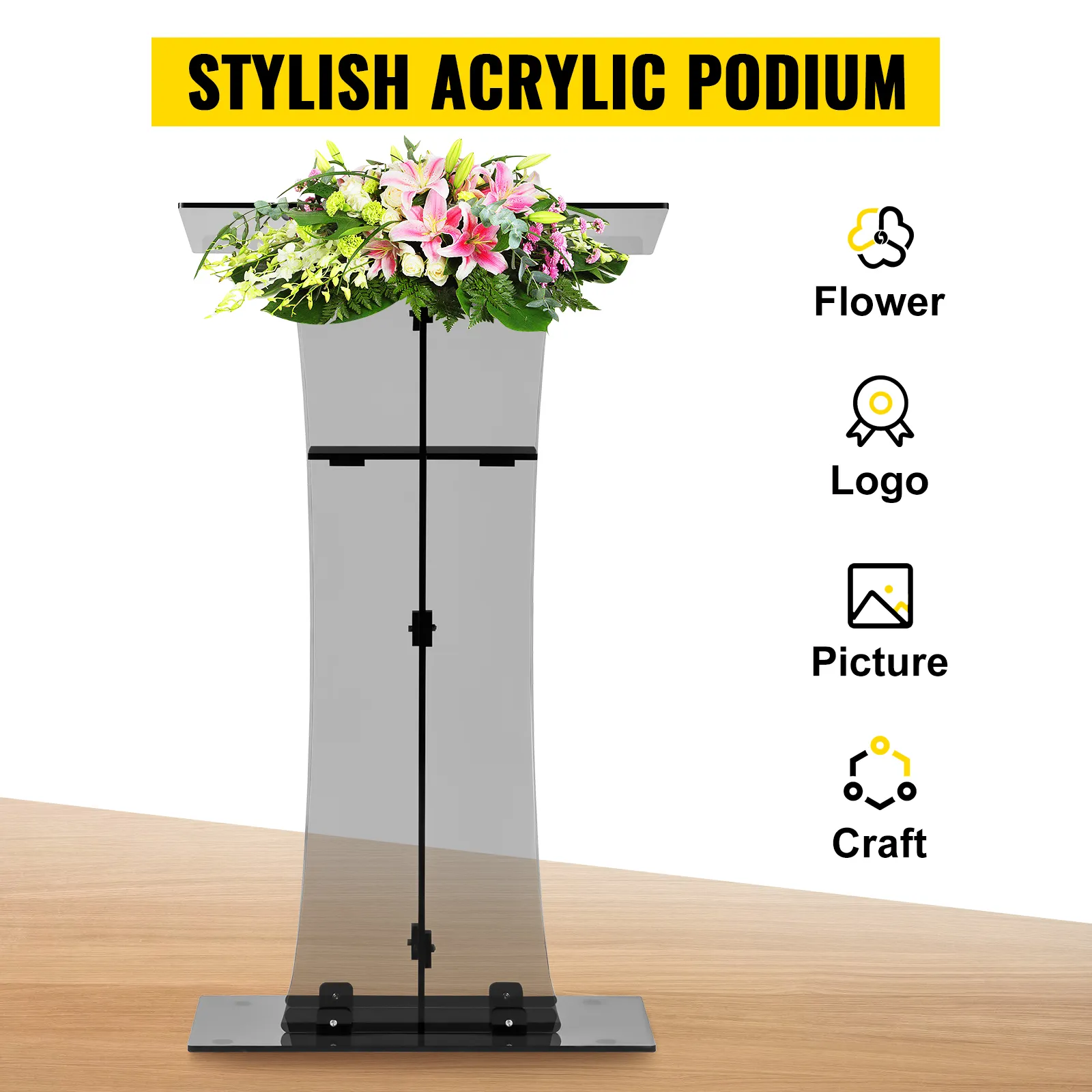 VEVOR acrylic pulpit with a flower arrangement, a logo, and icons for picture and craft on the side.