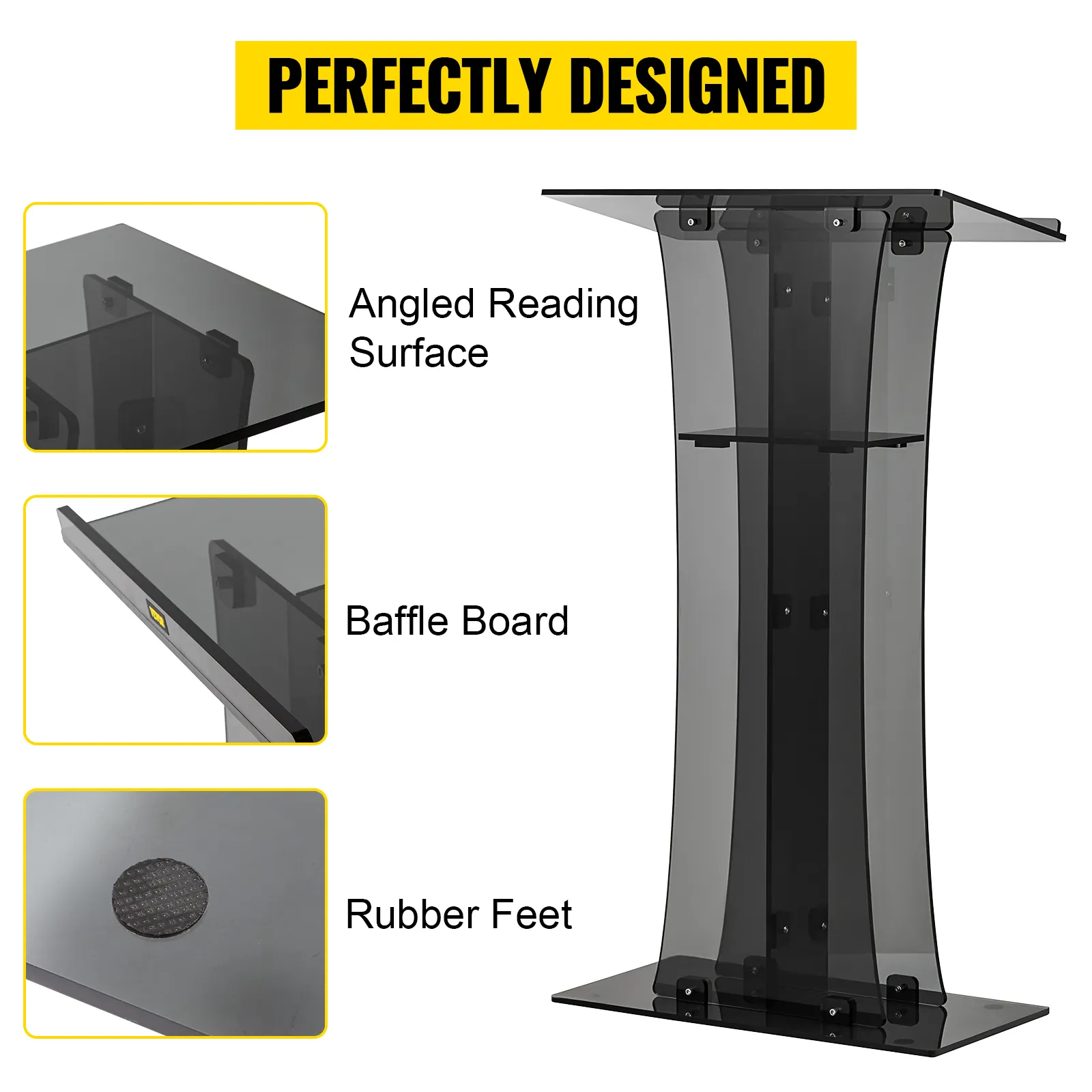VEVOR acrylic pulpit with angled reading surface, baffle board, and rubber feet, perfectly designed.