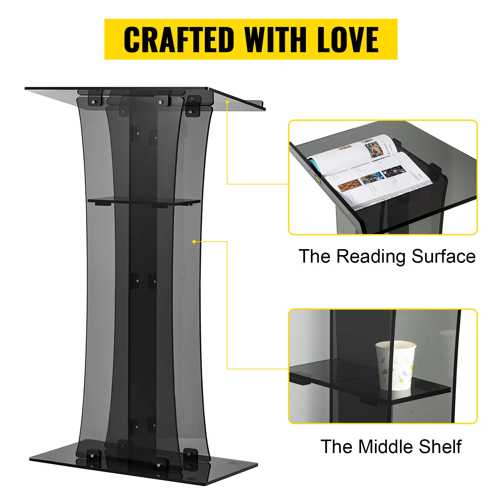 VEVOR acrylic pulpit with clear curved design, reading surface for books, and middle shelf for drinks.