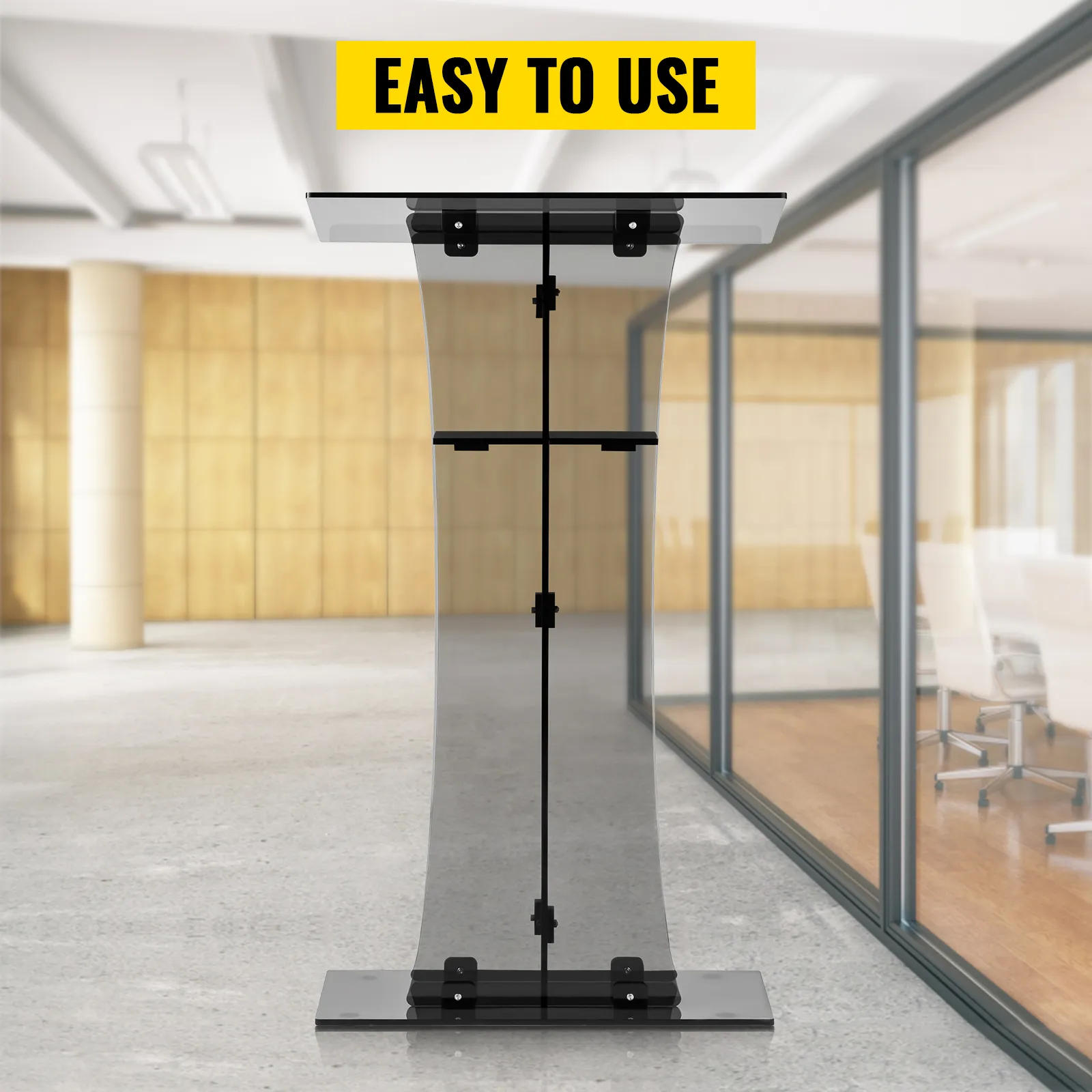 VEVOR acrylic pulpit in modern office setting with "easy to use" text at the top.