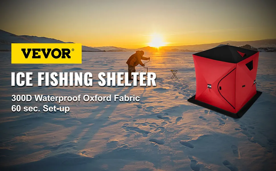 Refugio para pesca en hielo VEVOR con tela Oxford impermeable de 300 d al atardecer.