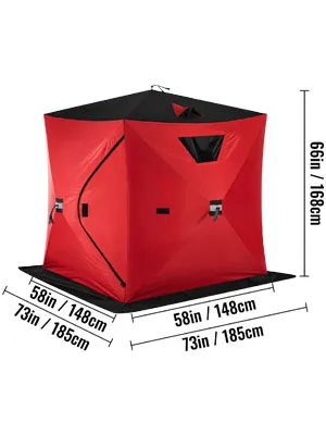 Refugio para pesca en hielo VEVOR de color rojo con techo negro y dimensiones 73 x 73 x 66 pulgadas.