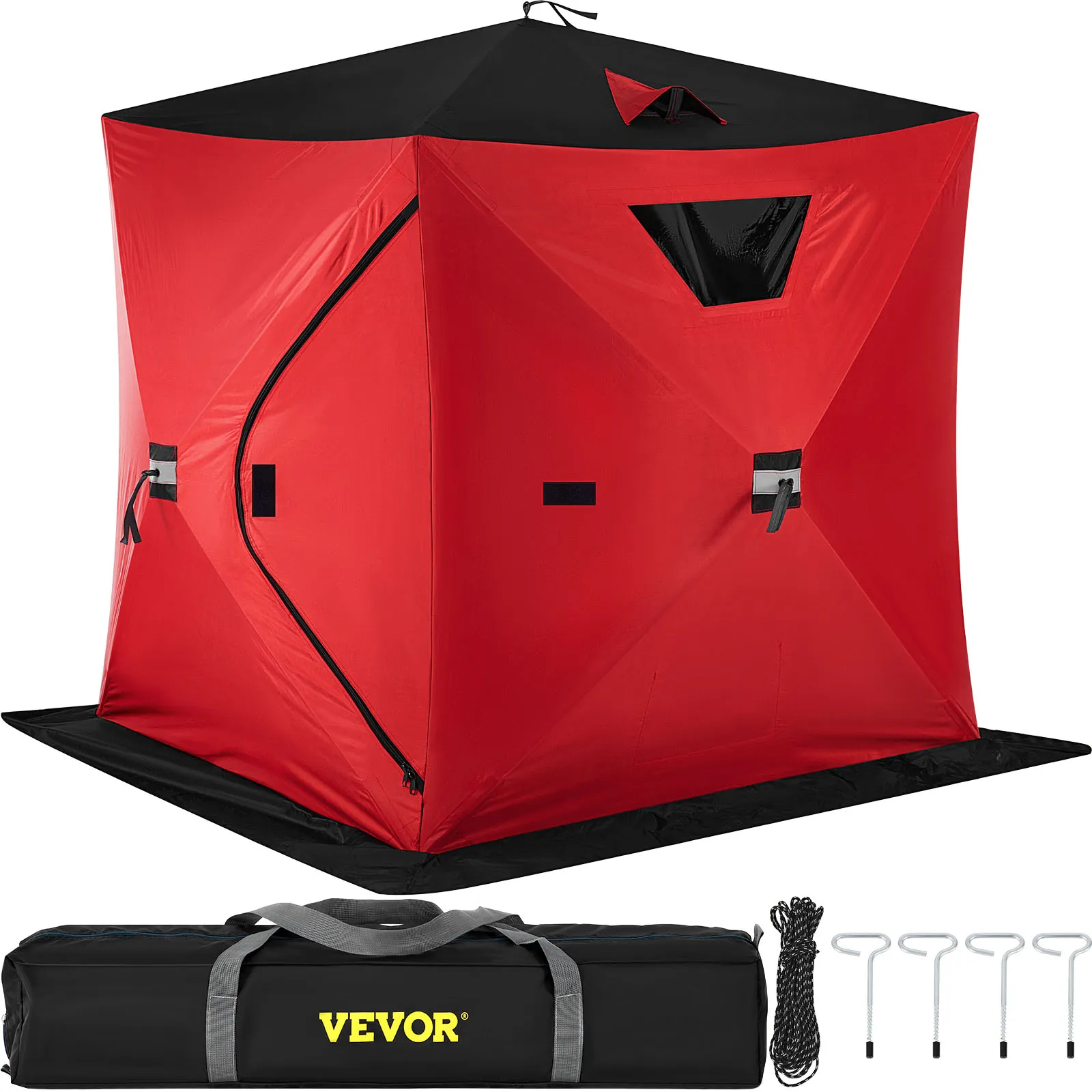Refugio para pesca en hielo VEVOR rojo con ventanas, puerta con cremallera, estacas, cuerda y bolsa de transporte.