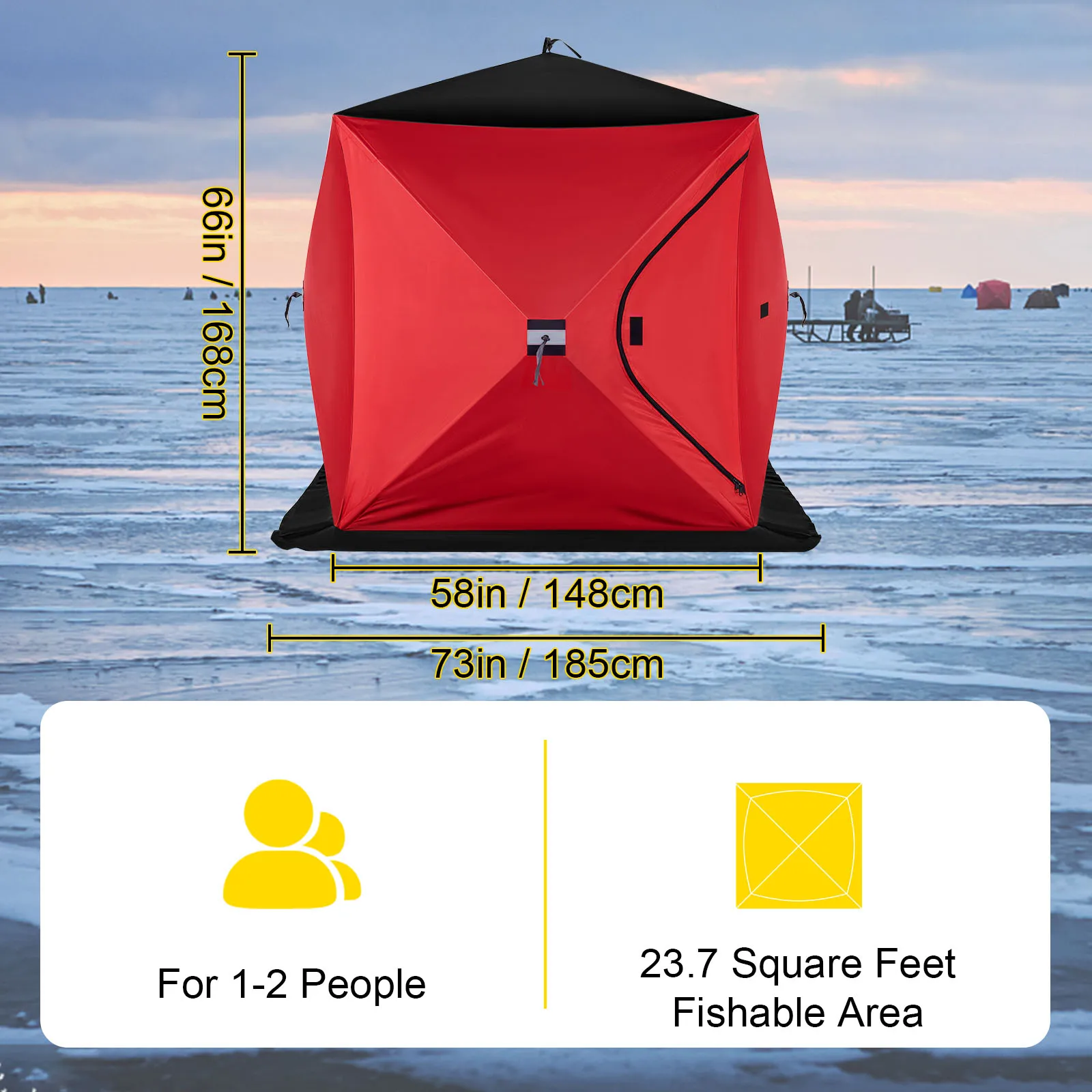 Refugio para pesca en hielo VEVOR de color rojo con dimensiones: 69 pulgadas de alto, 58 pulgadas de ancho y 73 pulgadas de largo.
