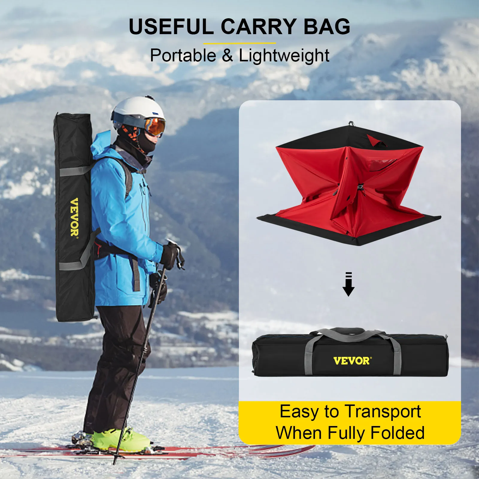 Refugio para pesca en hielo VEVOR en una bolsa de transporte fácil de transportar en la montaña nevada.