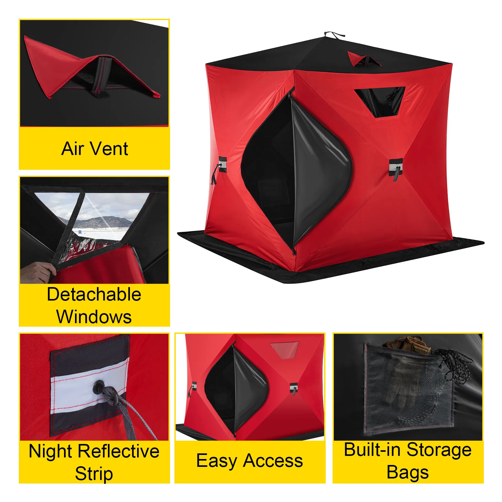 Refugio para pesca en hielo VEVOR rojo con ventilación, ventanas desmontables, tira reflectante y bolsas de almacenamiento.