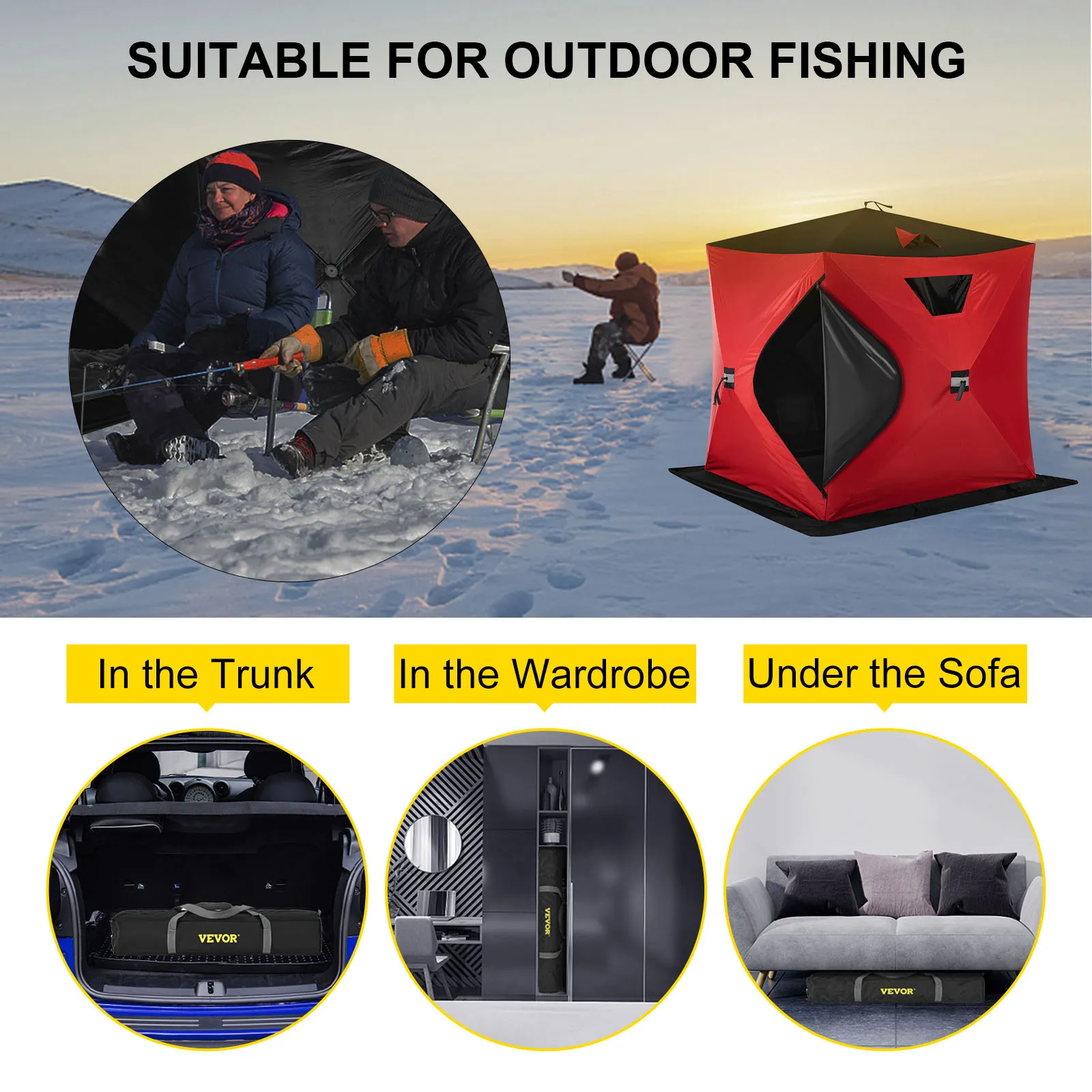 Refugio para pesca en hielo VEVOR que muestra configuración al aire libre y opciones de almacenamiento compacto.