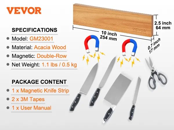Portacuchillos magnético VEVOR fabricado en madera de acacia con imanes de doble fila, incluye cintas 3m y manual de usuario.