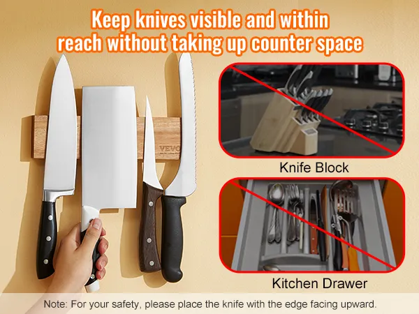 Mano sosteniendo un cuchillo en el soporte magnético para cuchillos VEVOR, comparación con el bloque de cuchillos y el cajón de almacenamiento de la cocina.