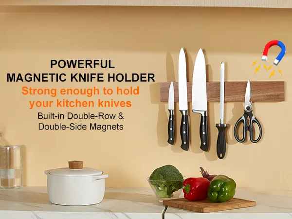 VEVOR magnetische messenhouder waarmee u diverse keukengereedschappen op een houten strip kunt bevestigen met ingebouwde magneten.