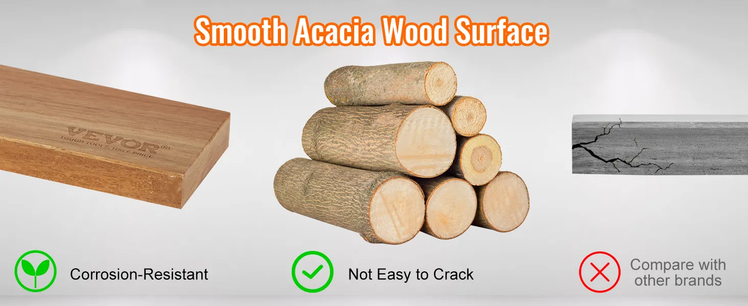 Glad acaciahouten oppervlak van de VEVOR magnetische messenhouder, corrosiebestendig en niet gemakkelijk te barsten.