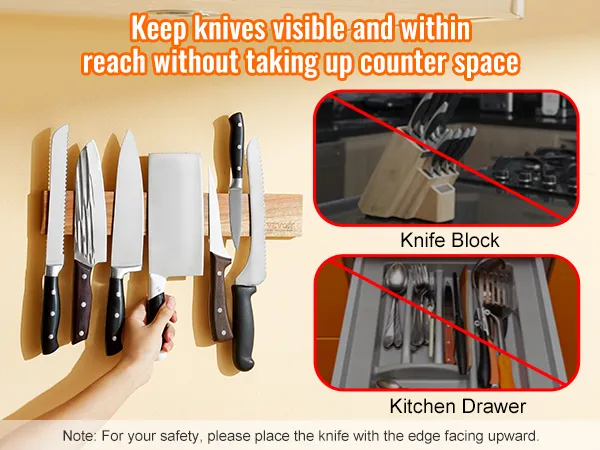 VEVOR magnetische messenhouder om verschillende messen aan de muur te presenteren, waardoor er meer ruimte op het aanrecht overblijft.