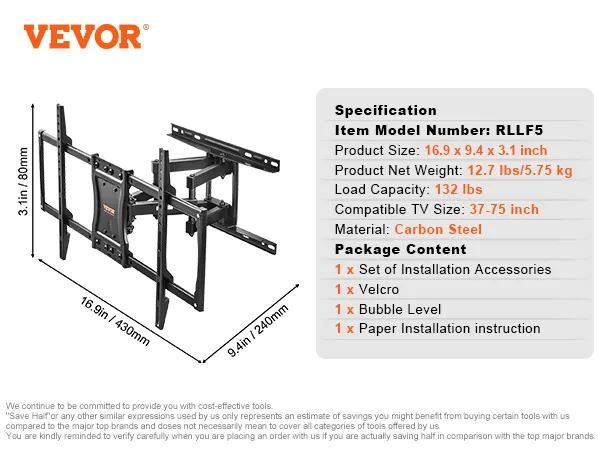 VEVOR full motion tv mount, 132 lbs capacity, compatible with 37-75 inch tvs, carbon steel material.