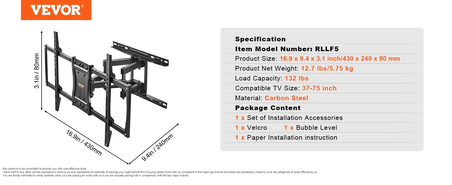 VEVOR full motion tv mount, 132 lbs capacity, compatible with 37-75 inch tvs, carbon steel material.