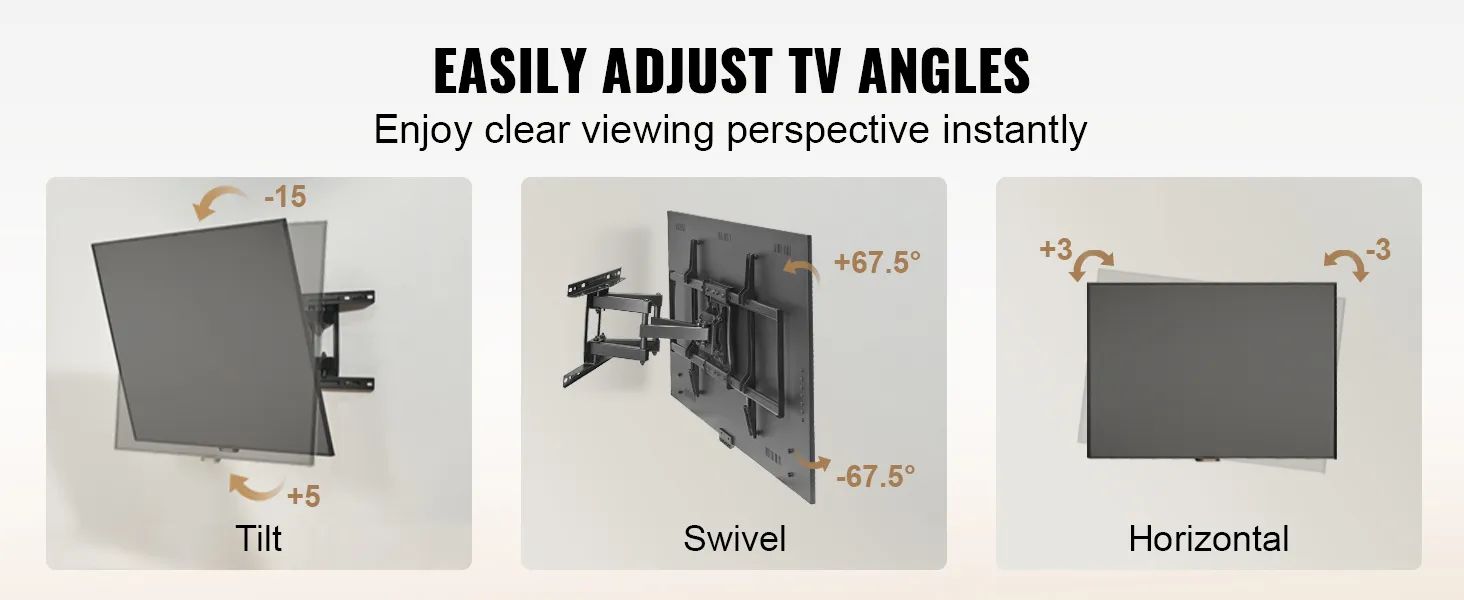 VEVOR full motion tv mount with tilt, swivel, and horizontal adjustments for optimal viewing angles.