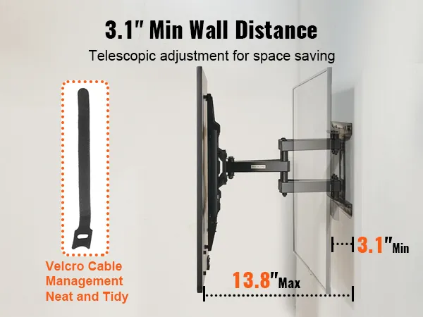 VEVOR full motion tv mount, 3.1" min wall distance, telescopic adjustment, velcro cable management.